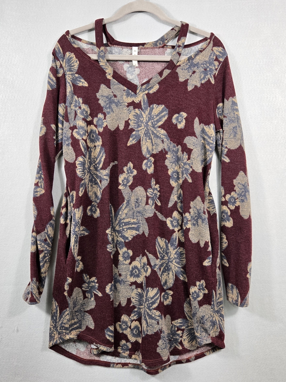 MTS Burgundy Floral Cold Shoulder Tunic Dress - Size M